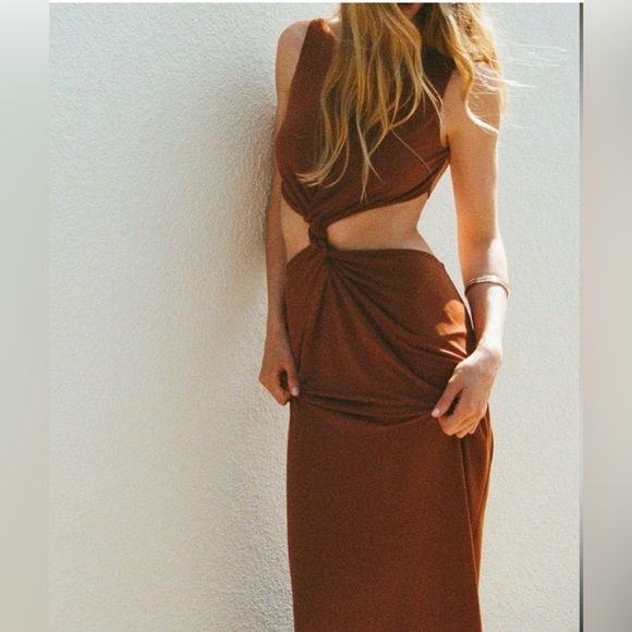ZARA Backless Twist Cutout Brown Midi Dress Size XS - Picture 1 of 13